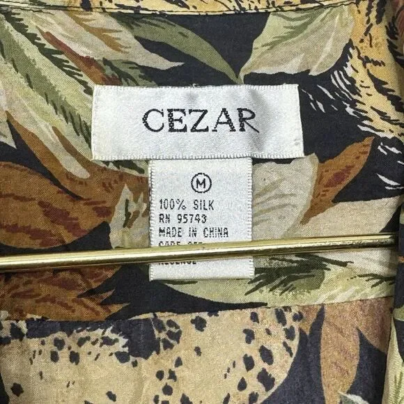 Vintage 100% Silk Top Medium 90s Tiger Cheetah Novelty Hawaiian Button Shirt - Picture 4 of 7